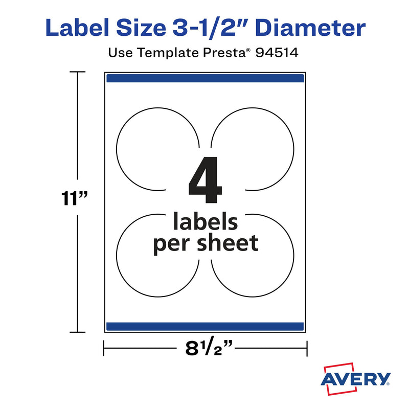 Avery Matte White Round Labels with Sure Feed, 3.5" Diameter, 100 Matte White Printable Labels 100 Labels