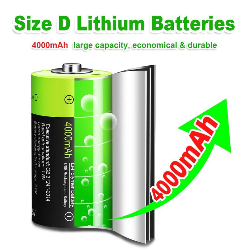D Cell Batteries - USB Rechargeable Lithium D Batteries - 1.5V / 4000mAh (2-Pack) - Not NI-MH/NI-CD/Alkaline Batteries - ECO-Friendly & Recyclable - No Memory Effect D Cell 2 Pack
