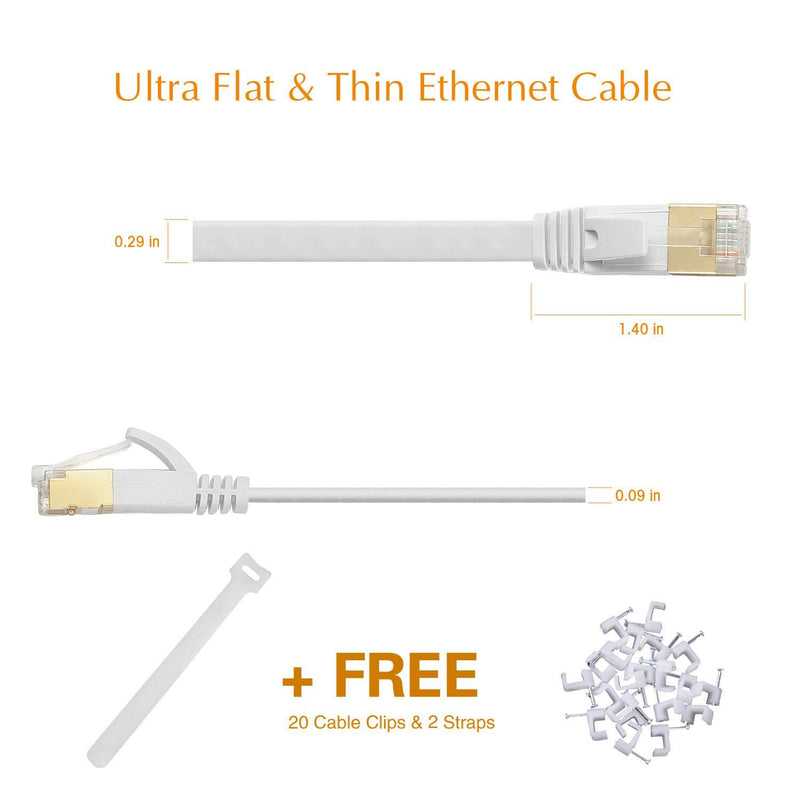 Ercielook Cat 7 Ethernet Cable 50 ft, High Speed Shielded Flat Internet Cable with Clips, Faster Than Cat6 LAN Wire - White 15 M