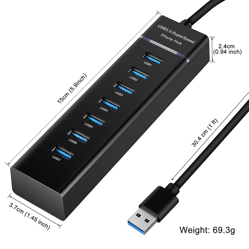 USB Hub3.0, YaimhSound 7-Port USB Extender, USB 3.0, 2.0 Splitter Adapter for Laptop,PC, Keyboard, Mouse, Dell, HP, Lenovo, Mac, Acer, Surface Pro and More USB Devices(1ft)