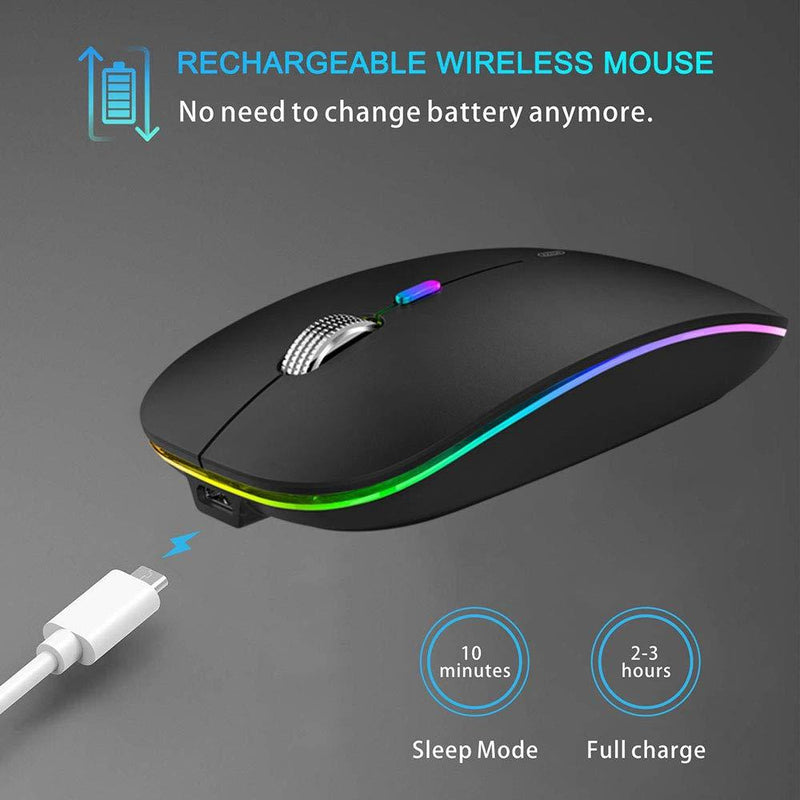 TENMOS Wireless Bluetooth Mouse, LED Slim Dual Mode (Bluetooth 5.1 + USB) 2.4GHz Rechargeable Silent Bluetooth Wireless Mouse with Type C Adapter for Laptop/MacBook/iPad OS 13 and Above (Matte Black) Matte Black