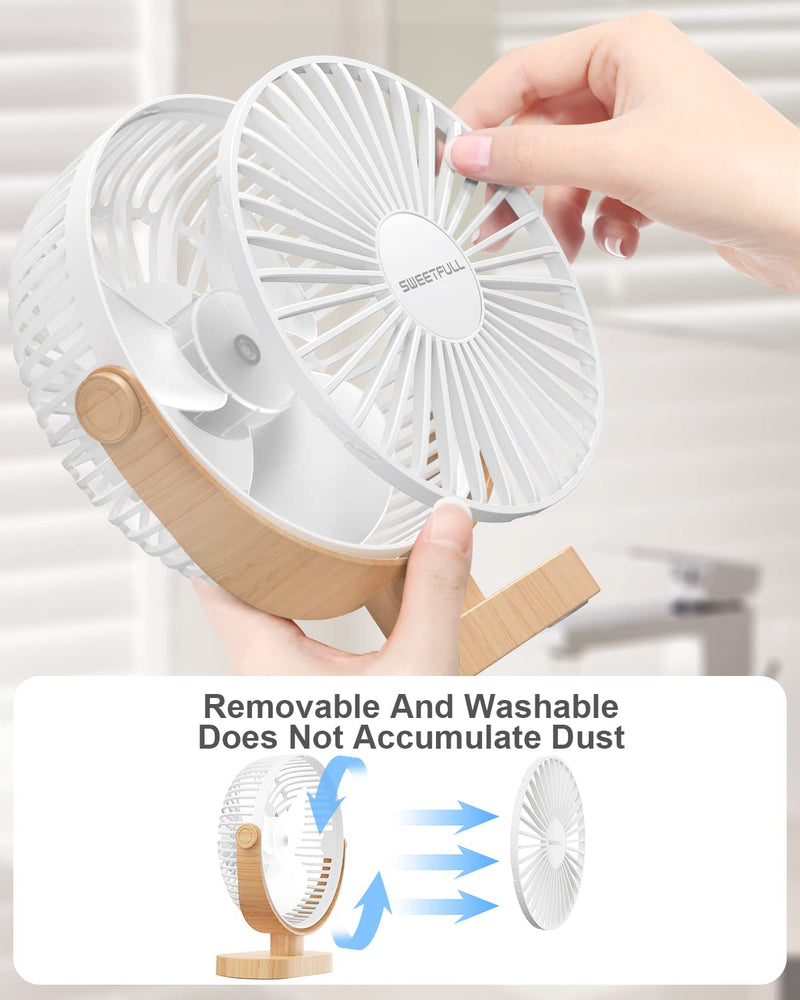 SWEETFULL 6.4 Inch USB Small Desk Fan, 3 Speeds Quiet Portable Desktop Table Fan, 360Â° Adjustment Personal Mini Fan for Home Office Car Outdoor Travel (White wood grain )
