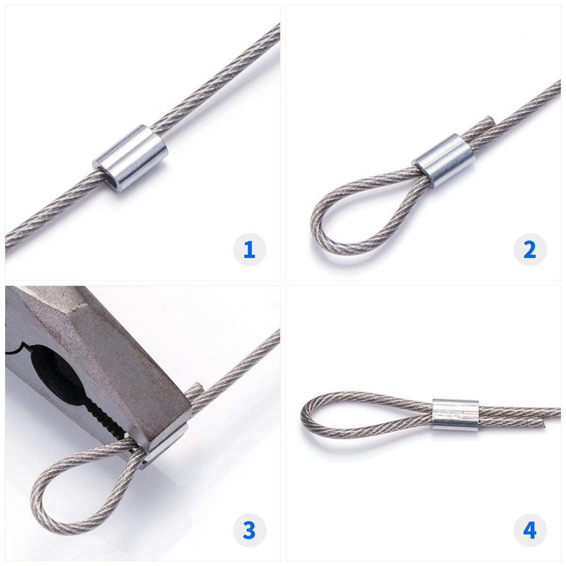 Onwon 100Pcs High Quality 1/16" Diameter Wire Rope Aluminum Crimping Loop Sleeves + 10Pcs M2 Stainless Steel Thimble Combo, Wire Rope Sleeves Aluminum Clip Fittings Cable Crimps