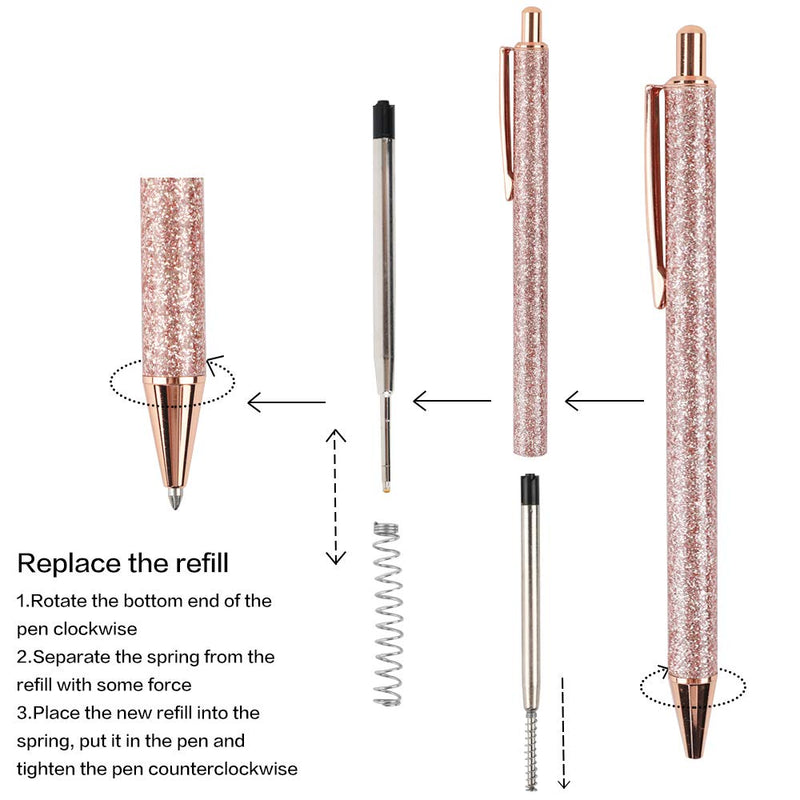 JPSOR 8pcs Glitter Cute Ballpoint Pens for Women, Sparkly Rose Gold Click Ball Pens, Metal Retractable Pen, With 8 pcs Replacement Refills, Black Ink, Medium Point 1mm, School and Office Supplies