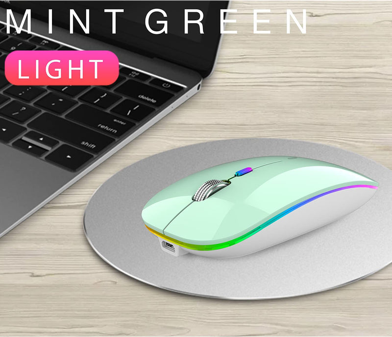 LED Wireless Mouse, G12 Slim Rechargeable Wireless Silent Mouse, 2.4G Portable USB Optical Wireless Computer Mice with USB Receiver and Type C Adapter (Mint Green) Mint Green