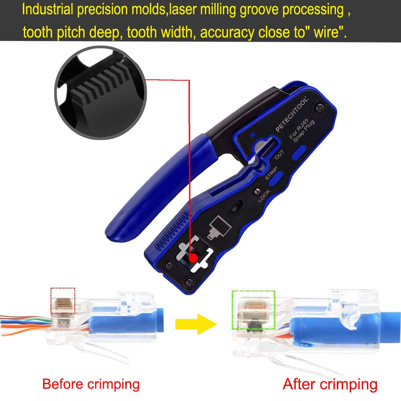 RJ45 Crimp Tool Kit All-in-one Ethernet Crimping Tool Wire Crimper Stripper Cutter for Cat5e Cat6 Cat6a Pass Thrugh Connectors with 10 pieces Cat6 Connectors and 1 piece mini wire stripper