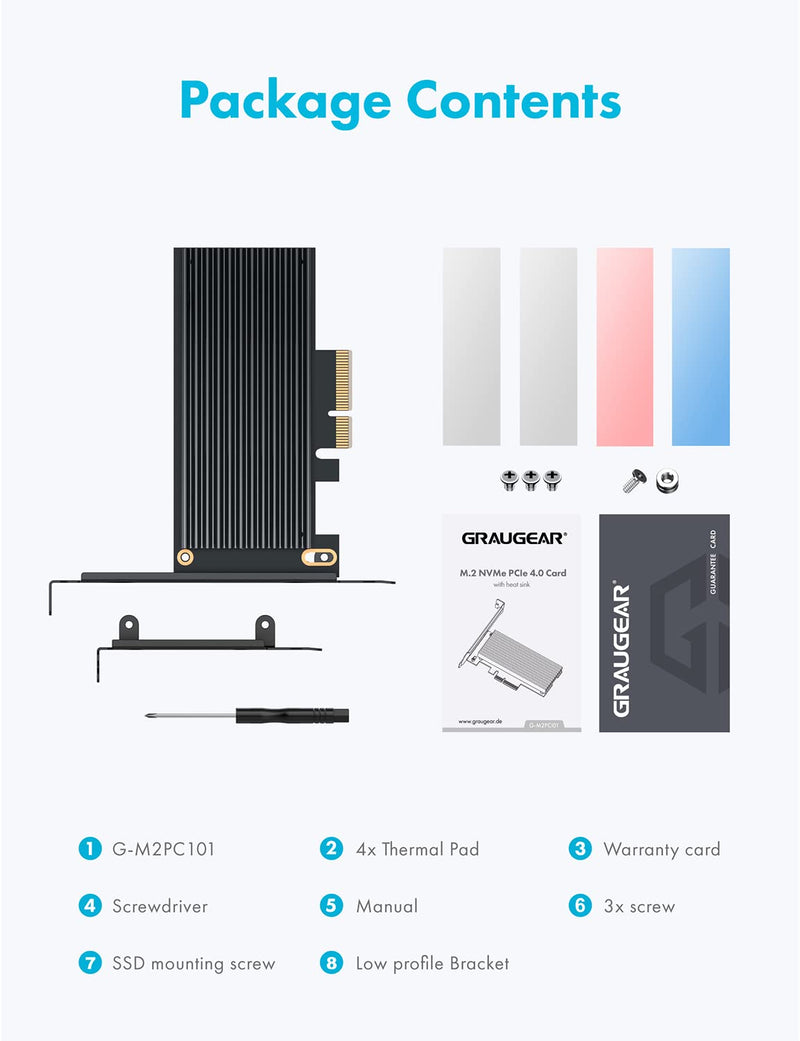 GRAYEAR | M.2 PCIe 4.0 card | for M.2 NVMe SSD | M key | 4X silicone thermal pads | Large aluminum heatsink | 2280, 2260, 2242, 2230 | High + low profile slot bracket | G-M2PCI01