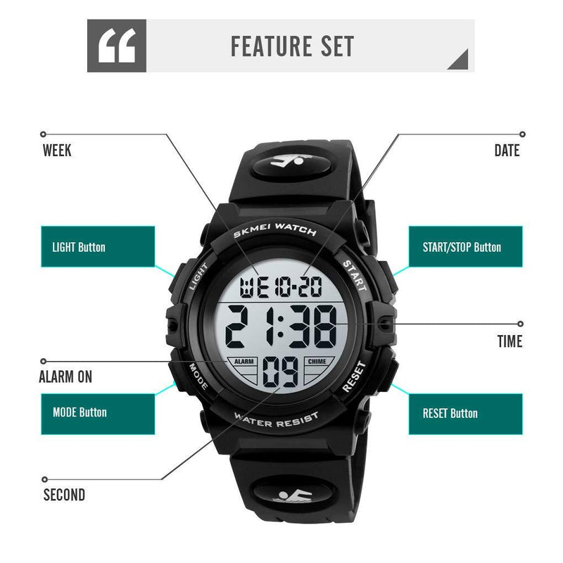 Boys Watch Digital Sports Waterproof Electronic Childrens Kids Watches Alarm Clock 12/24 H Stopwatch Calendar Boy Girl Wristwatch All Black