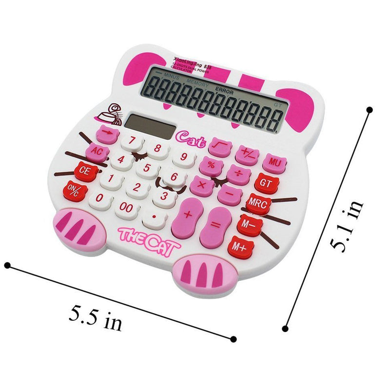 Loghot Adorable Creative 12 Digits Solar Dual Power Cartoon Cat Shape LCD Display Desktop Calculator with Big Screen White (White)