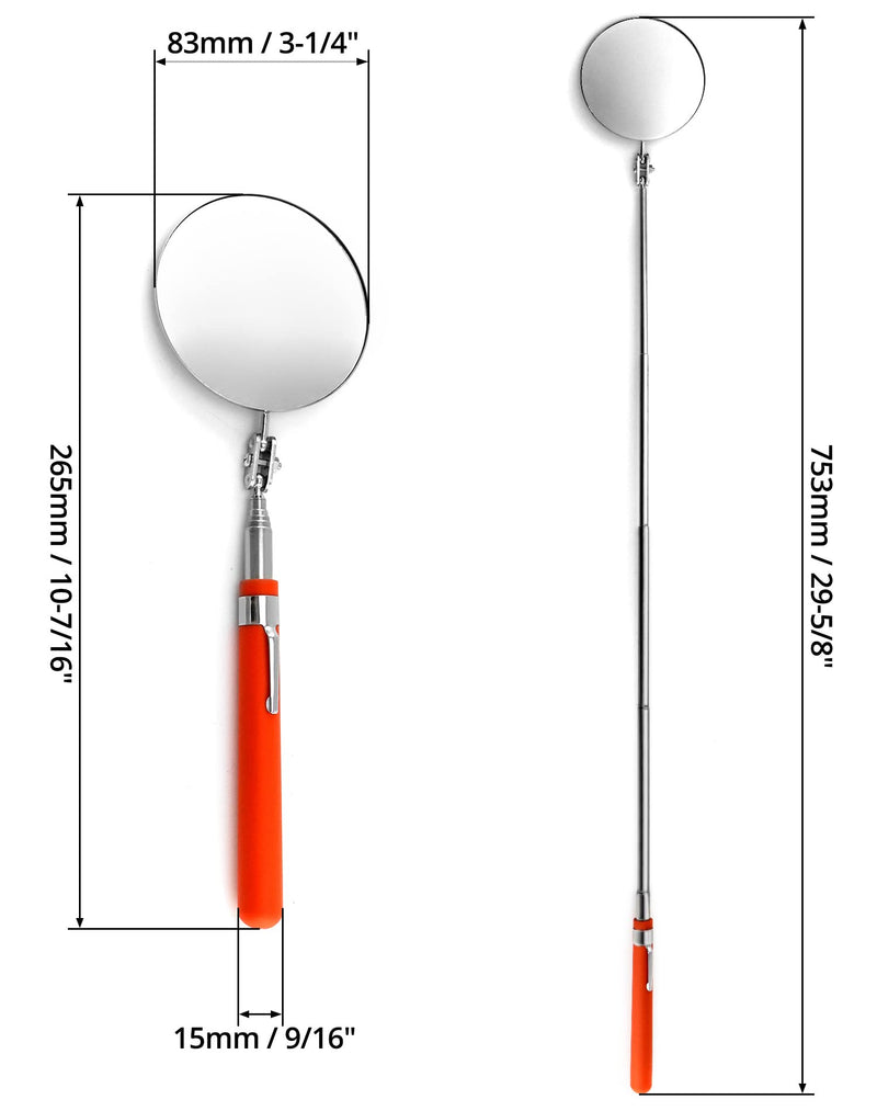 QWORK 29" Steel Telescoping Auto Check Inspection Mirror, 3.25" Round Mirror Contoured Handle Grip Articulating