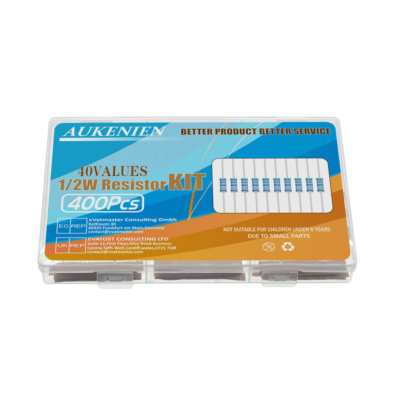 AUKENIEN 1/2W Resistor Assortment 40 Values 400 Pieces Metal Film Resistors 1 to 1M Ohm Resistance Electronic Resistor Kit RoHS Compliant with ± 1% Tolerance 1/2W ±1%