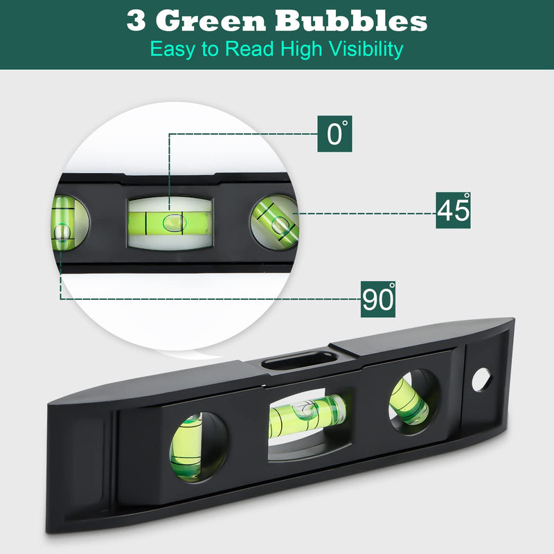 Spirit Level Small Pack of 2, RUNEAY 153 mm Spirit Level with Magnet Torpedo Spirit Level with 3 Levels 45° 90° 180° (Black)