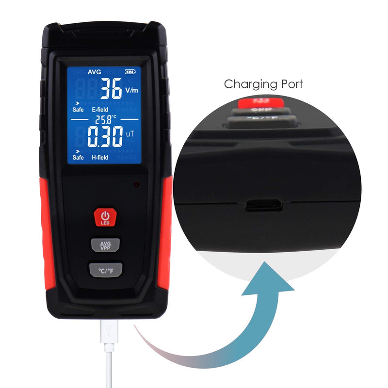 Digital EMF Tester Electric and Magnetic Field Radiation Detector Temperature Measure with Color-screen Display and Rechargeable Battery Handheld Tool