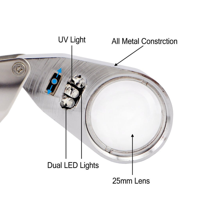 iKKEGOL 40X 25mm All Metal Magnifier Jeweler LED UV Lens Jewelery Loupe Magnifier (LED Currency Detecting/Jewelry Identifying Type)