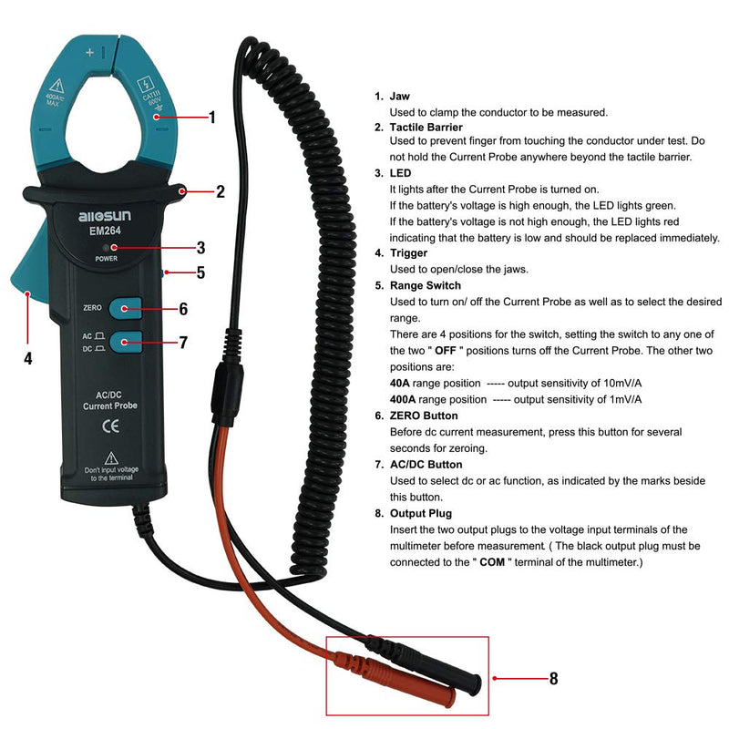 allsun AC/DC Current Clamp Probe Tester Handheld Digital Clamp Multimeter CAT III Max.Input 400A/600V 50Hz-60Hz LED