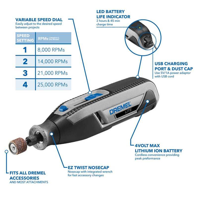 Dremel Lite 7760 N/10 4V Li-Ion Cordless Rotary Tool Variable Speed Multi-Purpose Rotary Tool Kit, USB Charging, Easy Accessory Changes - Perfect For Light-Duty DIY & Crafting Rotary Tool 7760-N/10