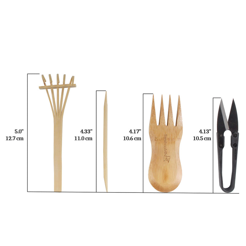 BambooMN Bonsai Tree Pruning Trimming Starter Tool Kit - Leaf Trimmers (Set of 3) and Bamboo Rake Black w/Rake