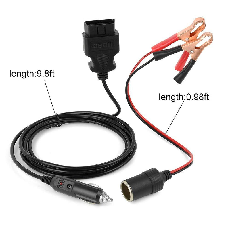 Jtron OBD II Vehicle ECU Emergency Power Supply Cable Car Diagnostic Cable Memory Saver (3Meter) with Alligator Clip-On 12V Car Battery Cigarette Lighter Power Extension Socket