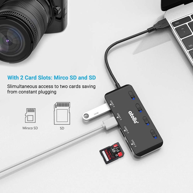 USB 3.0 HUB, atolla USB Hub with SD/Micro SD Card Reader, USB Splitter with 3 USB Ports, 2 Card Slots and Individual LED Power Switches Black
