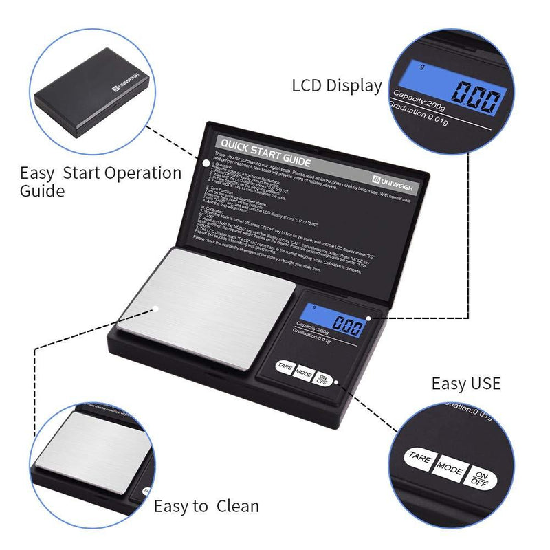UNIWEIGH Gram Scale,200g 0.01g/0.001oz Digital Pocket Scale,Electronic Smart Weigh Scale,Portable Small Jewelry Scale Grams and Ounces,Mini Weed Scale with LCD Display,Tare