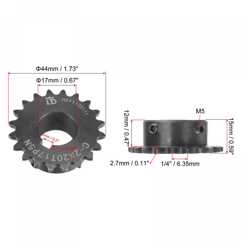 uxcell 20 Tooth Roller Sprocket B Type, 25 Chain, Single Strand 1/4" Pitch, 17mm Bore Black Oxide C45 Carbon Steel, Keyway with Set Screws for ISO 04C