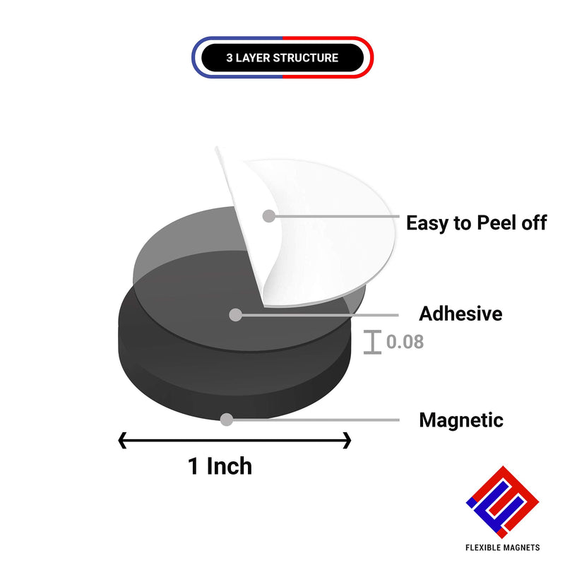 Flexible Magnets 1" Round Disc with Adhesive Backing - 50 Pcs