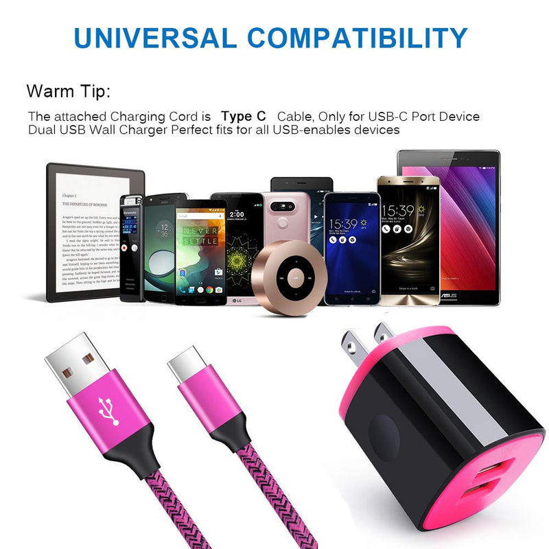 USB Type C Charger, AndHot 2-Port Wall Charger Power Adapter +6ft Fast Charge USB C Cable for Samsung Galaxy S22 S21 S20 FE Note 20 Ultra 10 9 S10 S9 A13 A50 A51 A02S A12 A32 A10E A20 A70 A11 A21 A71 Rose
