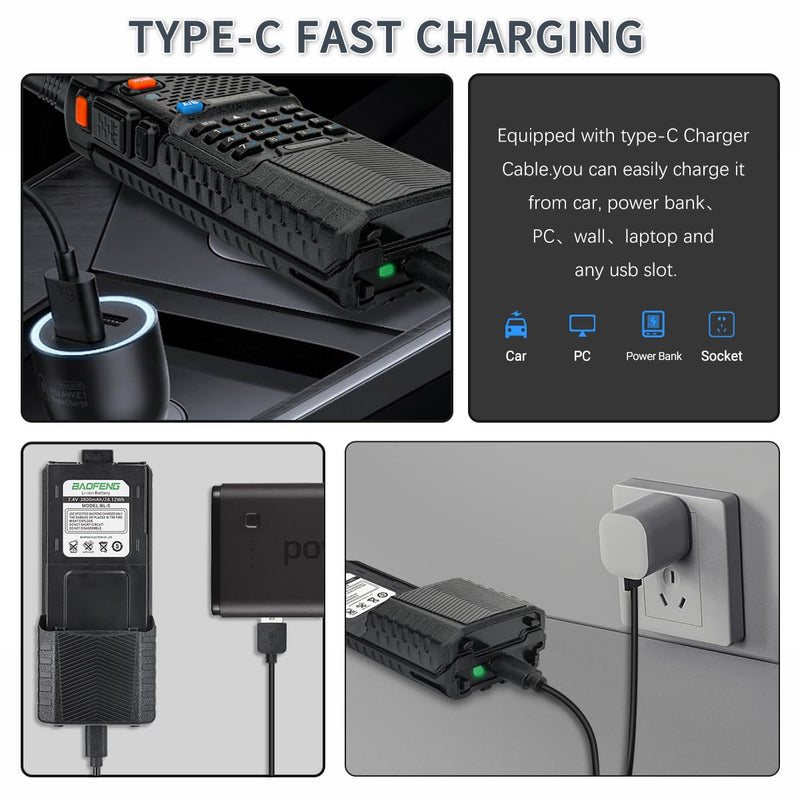 BAOFENG BL-5 3800mAh Extended Battery with Type-C Charger Cable for Walkie Talkie UV-5R BF-F8HP UV-5RX3 RD-5R UV-5RTP UV-5R MK2 MK3X MK5 Plus Series Two Way Radio Black-3800mAh+Type-C