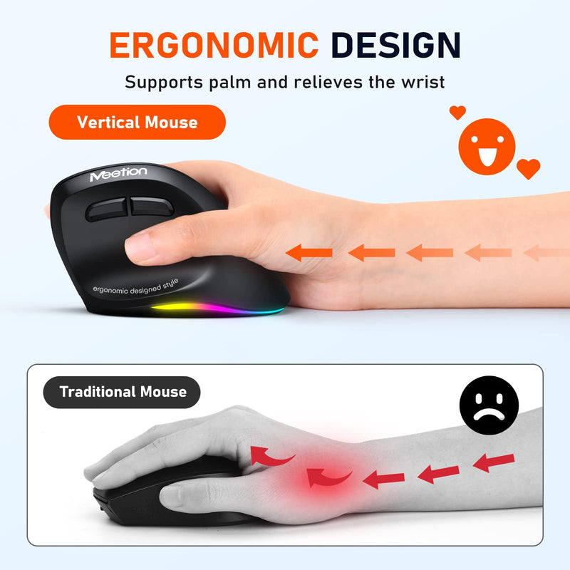 MEETION Ergonomic Mouse, Wireless Vertical Mouse RGB Backlit Rechargeable Mice for Bluetooth(5.2 + 3.0) & USB-A with USB-C Adapter 4 Adjustable DPI Compatible Mac/Windows/Andriod/PC/Tablet/iPad Black Medium-Large Right-Handed