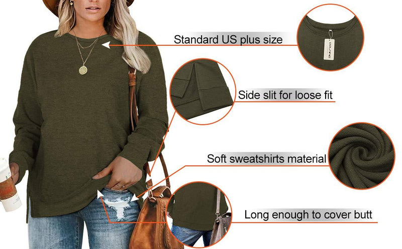DOLNINE Plus-Size Sweatshirts for Women Casual Tops Side Slit Pullovers Shirts 14 Plus Army Green
