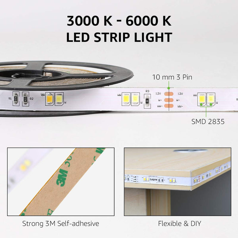 Lepro LED Strip Light, 3000K-6000K Tunable White, 16.4ft Dimmable Bright LED Tape Lights, 300 LEDs 2835, Strong 3M Adhesive, Suitable for Home, Kitchen, Under Cabinet, Bedroom 16.4 ft