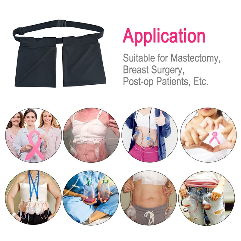 Drain Pouch Holder Adjustable Mastectomy Drainage Pockets Belt for Breast Cancer Surgery Reconstruction Post-Mastectomy JP Drain Bulbs Tummy Tuck Recovery Black Drain Pouch