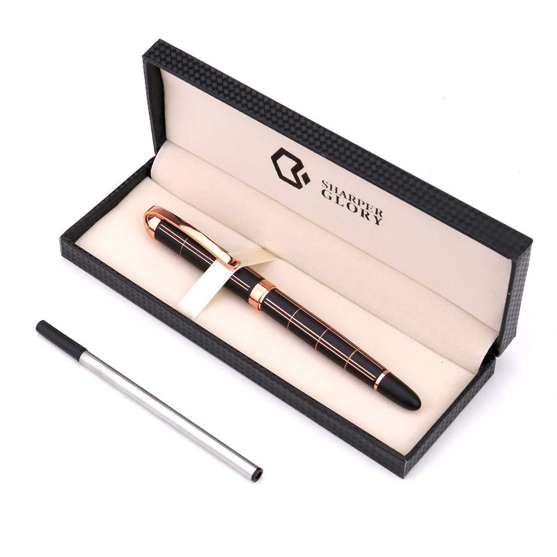 Rose Gold Gel Ink Rollerball Pen - Geometric Stripe Style Copper Grip Metal Pens in Adorable Box with 1 Extra Refill (Black Ink, 0.7mm Fine Point)