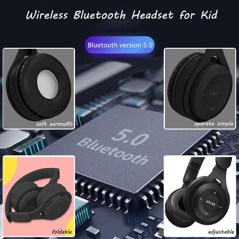 Kids Bluetooth Headphones, Over-Ear Wireless Bluetooth 5.0 Headset, Comfortable Protein Earpads and Folding Storage,HiFi Music Player with Microphone Bluetooth Wireless Headset (Black) Black