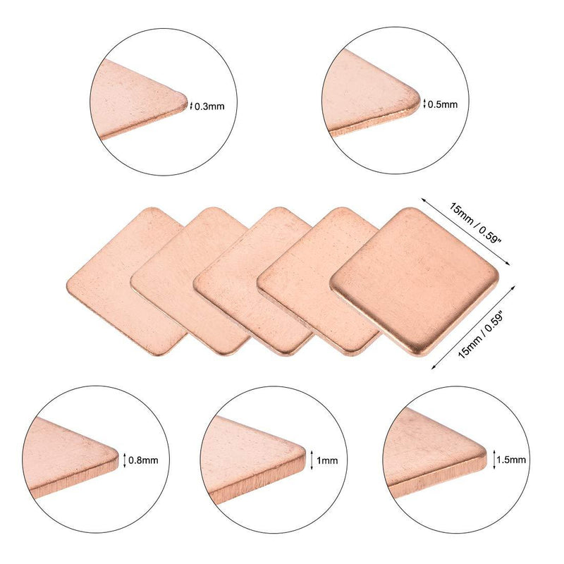 uxcell Flat IC Chipset Thermal Copper Heatsink for CPU GPU RAM 15 x 15mm with Thickness 0.3/0.5/0.8/1.0/1.5mm Total 15pcs 15x15mm