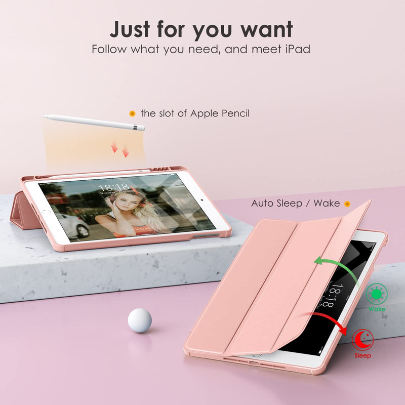 DTTOCASE iPad 6th / 5th Generation 9.7 inch Case (2018/2017), iPad Air 2 & 1 9.7 Inch (2014/2013) Case with Clear Transparent Shockproof Back Cover [Built-in Pencil Holder, Auto Sleep/Wake]-Rose Gold Rose gold