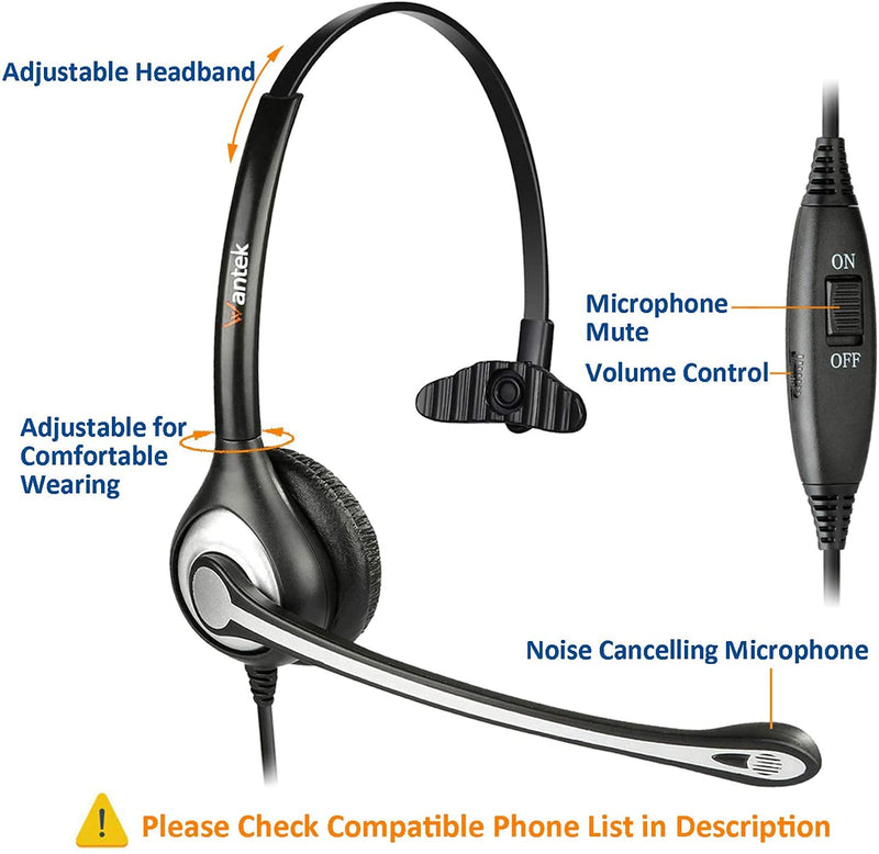 Wantek Corded Telephone Headset Mono w/Noise Canceling Mic Compatible with ShoreTel Plantronics Polycom Zultys Toshiba NEC Aspire Dterm Nortel Norstar Meridian Packet8 Landline Deskphones(F600S2) Monaural F600S2