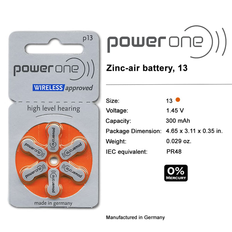 powerone Size 13 Hearing Aid Batteries Zinc Air P13 Pack of 60