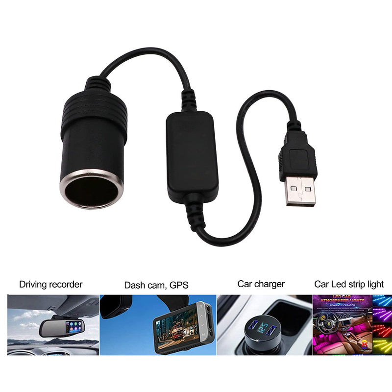 WYMECT USB A Male to 12V Car Cigarette Lighter Socket Female Converter Cable (8W Max) Black