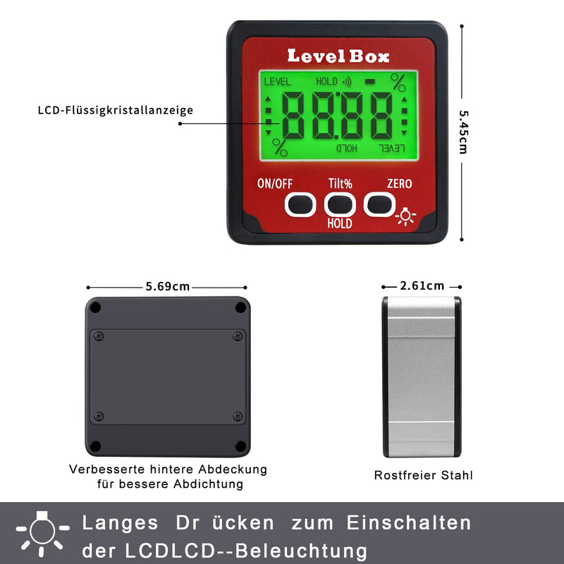 Digital LCD Protractor with Magnetic Base, IP54 Waterproof Inclinometer Bevel Box, Level Box Angle Measuring Device Inclinometer (Battery Included) Red
