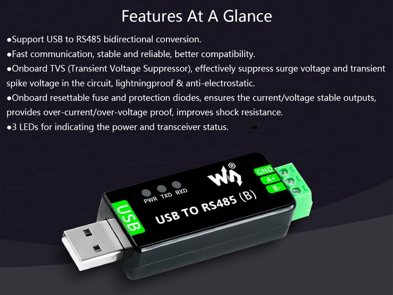 Industrial USB TO RS485 Converter Bidirectional Adapter, Original CH343G Chip Onboard TVS/Resettable Fuse/Protection Diodes,300bps-3MbpsBaudrateSupport Linux,Android,WinCE,Win10 / 8.1 / 8 / 7 / XP