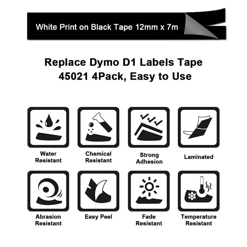 Freshworld Compatible Labeling Tape Replacement for Dymo D1 Label Tape Refill 45021 White on Black Permanent Polyester,1/2 Inch x 23 Ft,for Dymo LabelManager 160 210D 280 PnP 260P 420P 450D 360D, 4P