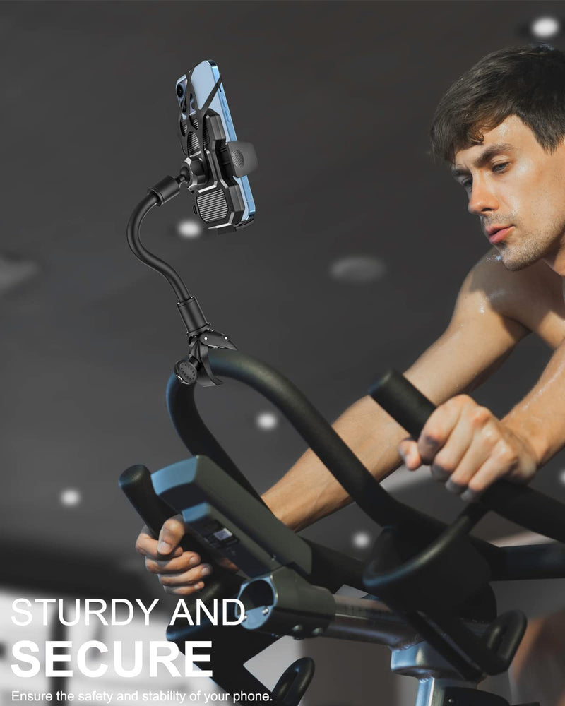 woleyi Gooseneck Spin Bike Phone Mount, Handlebar Clip Cell Phone Holder for Exercise Bicycle, Stationary Cycling, Stroller, Gym Treadmill, Mic Stand, for iPhone 14 Pro Max/13/12, S10, 4-7" Smartphone