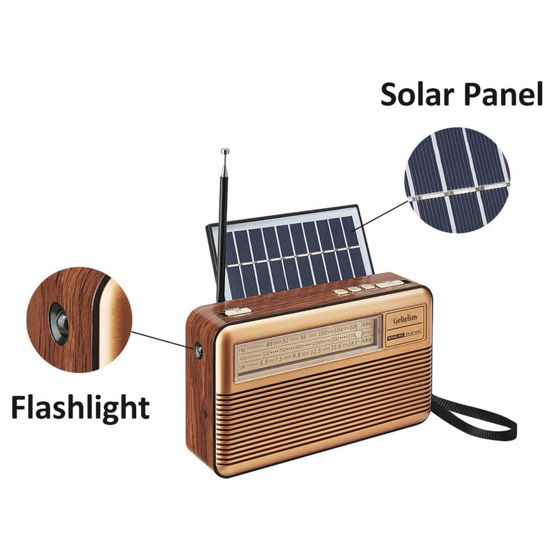 Retro Radio AM FM Shortwave with Bluetooth Speaker, Battery Operated Vintage Radio with Flashlight, Portable Radio with Solar Panel/Aux/USB/TF Card/Input