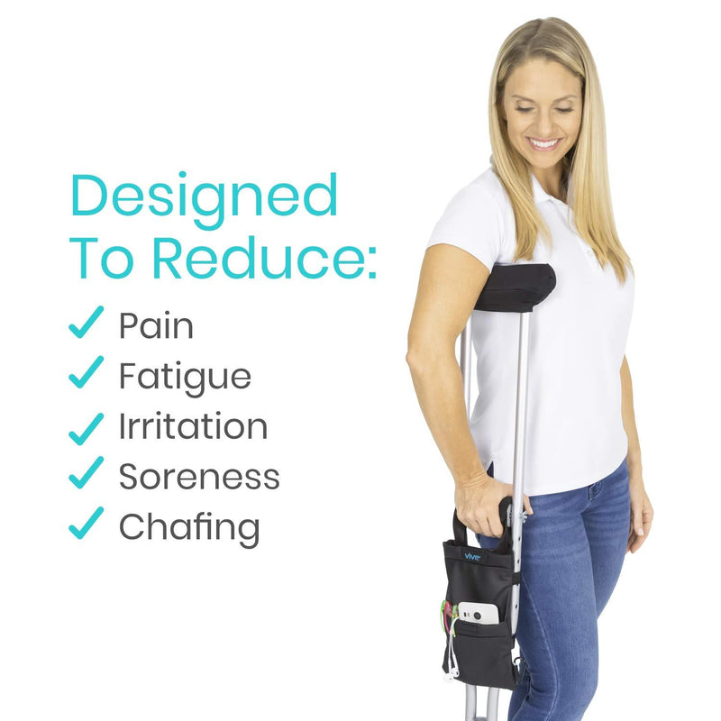 Vive Crutch Pad and Bag Set - Underarm Padding, Hand Grips and Pouch for Crutches - Soft Padded Handles and Universal Accessories for Men, Women and Kids - Lightweight Carry On with Storage Pockets Black