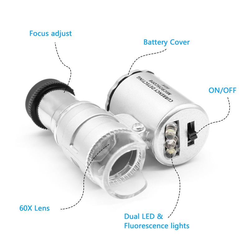 APKLVSR Mini 60X LED Microscope, 60x Mini Pocket Microscope, Mini Microscope, Pocket Microscope Magnifying Glass Microscope for Jeweler Adjustable Magnifying Glass with UV Light