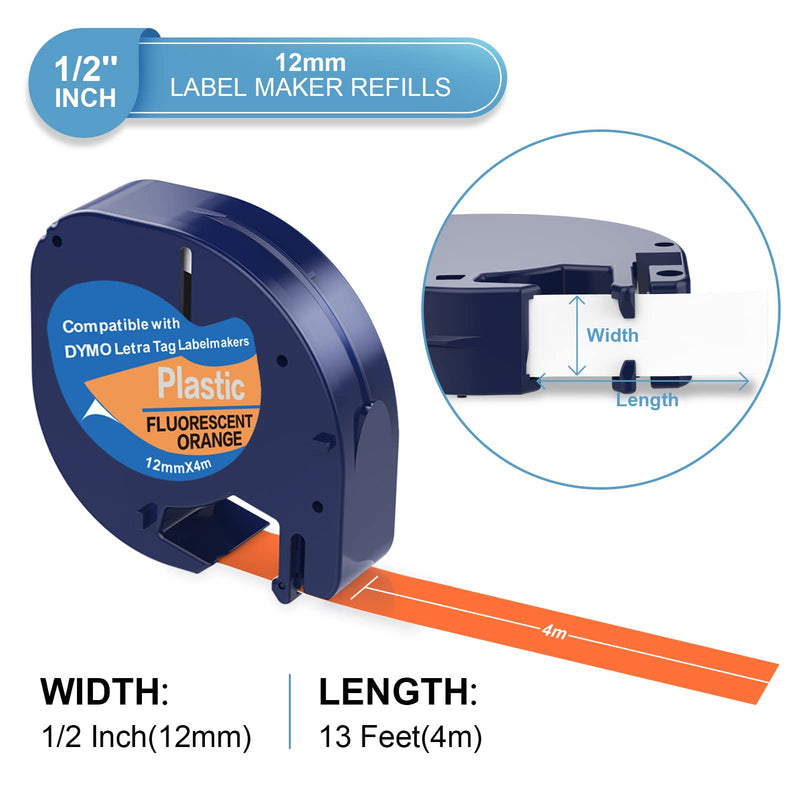 5 X Fluorescent Label Tape Compatible with DYMO Label Maker Refills 12mm x 4m Letra Tag LT100T LT100H QX50 Label Makers 5