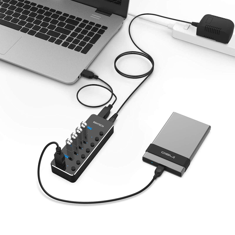 USB 3.0 Hub, RSHTECH 7 Port Powered USB Hub Expander Aluminum USB 3.0 Data Port hub with Universal 5V AC Adapter and Individual On/Off Switches USB Splitter for Laptop and PC(Black) 7 Port Powered USB 3.0 Hub