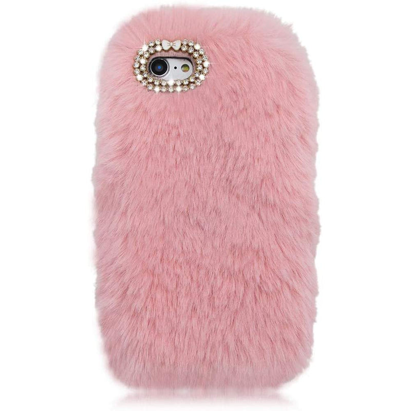 Jorisa Plush Case for Moto G Power 2021,Cute Furry Rabbit Fur Hair Winter Warm Fluffy Fuzzy Cover Bling Crystal Diamond Soft Silicone Phone Case for Girls Women,Pink Pink