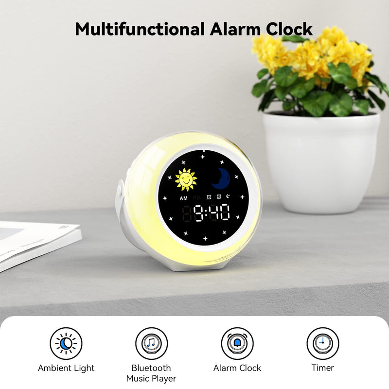 Alarm Clock for Kids, Kids Alarm Clock Sleep Trainer with Wake up Light, Bluetooth Music Player&Digital Clock, Sleep Sound Machine for Kids Bedroom, Ok to Wake Clock for Kids with Sunrise Simulation